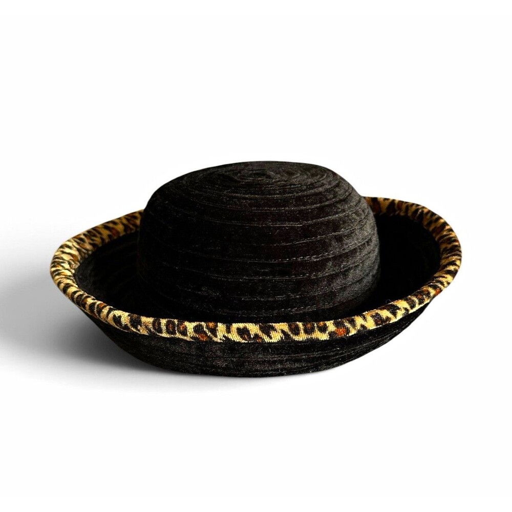 Mob Wife Black Velvet Ribbed Bucket Hat Leopard Print Trim Glam Rock Cap
